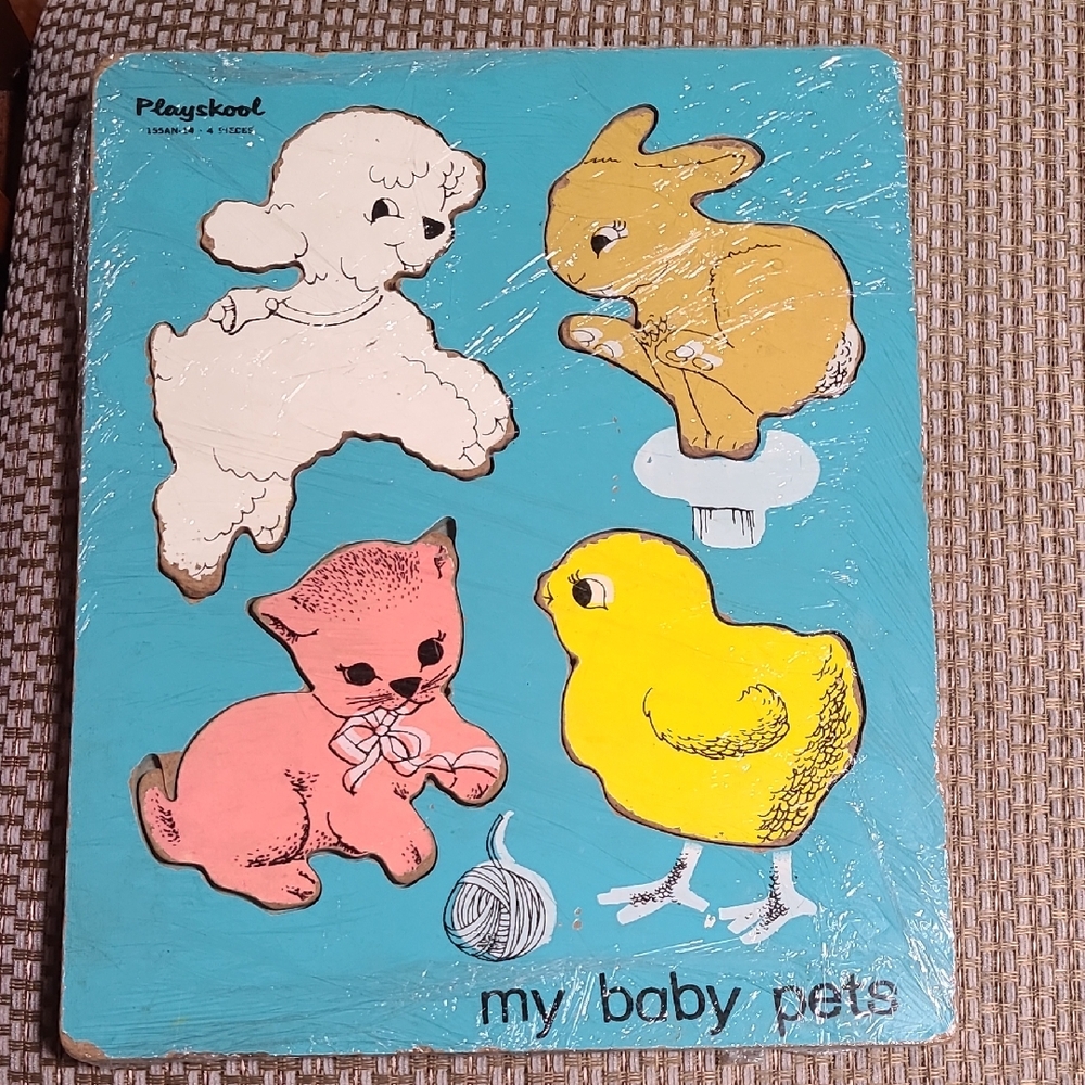 Vintage Playskool Baby Pets Wooden Puzzle Lamb Kitten Chick Bunny 4 pc
